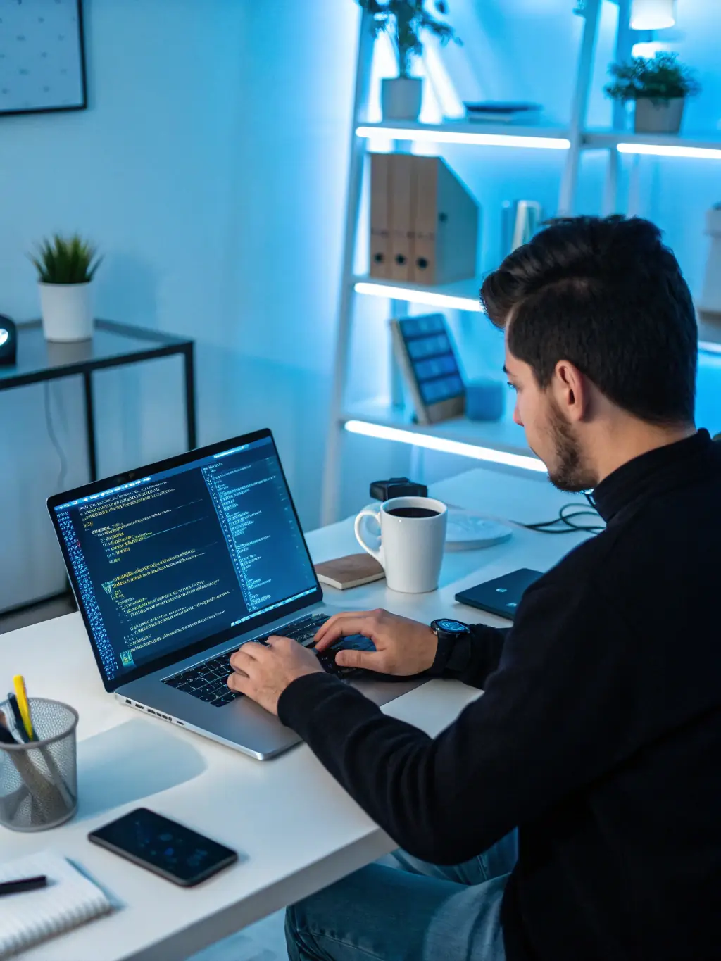 A web developer coding on a laptop with multiple screens displaying website layouts and code snippets, highlighting T4Task's web development service.