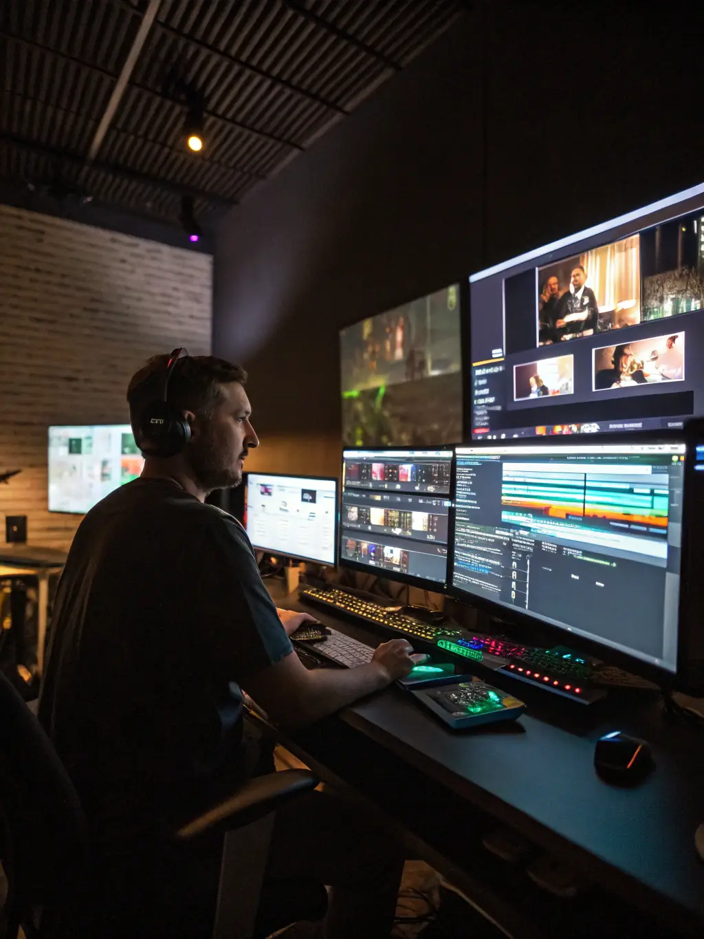 A dynamic video editing workspace showcasing editing software and a timeline filled with clips, representing T4Task's video editing service.