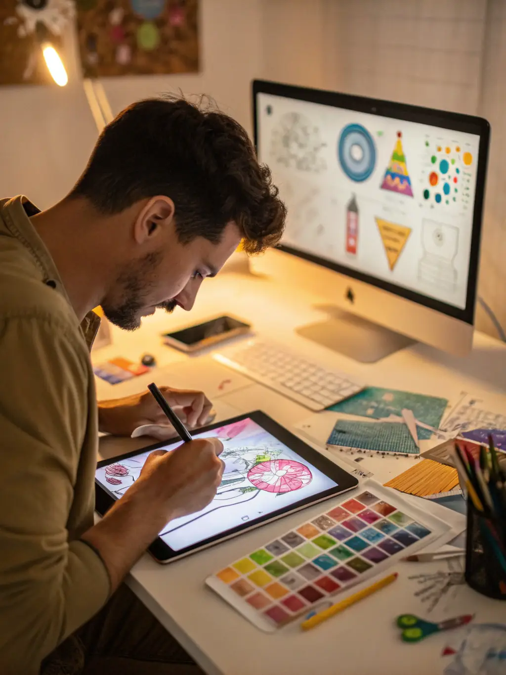 A graphic designer creating a logo on a digital tablet, surrounded by design mockups and color swatches, representing T4Task's graphic design capabilities.
