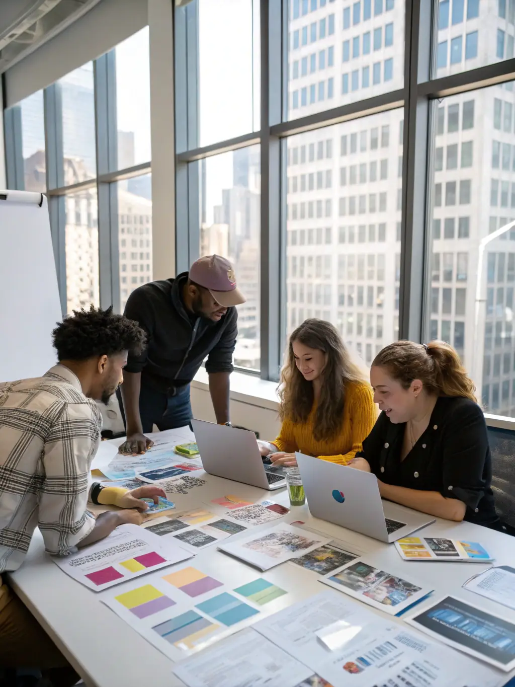 A diverse team of freelancers collaborating on a project in a modern, collaborative workspace, emphasizing the teamwork and expertise at T4Task.